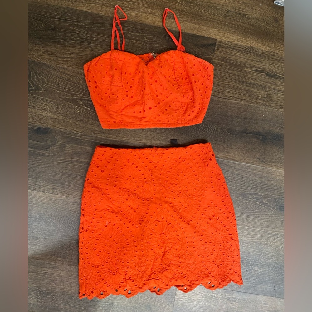 Orange lace 2 piece set midi skirt crop top